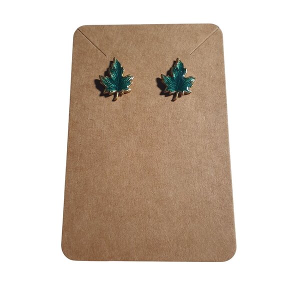 Green Maple Leaf Stud Earrings Enamel Finish Gold Tone Push Back Jewelry Gift - Picture 1 of 4